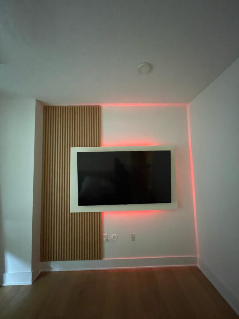 Custom millwork asymmetric wood paneling